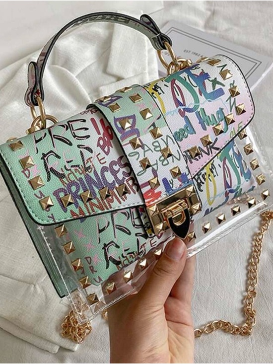 Unbranded Handbags - Pastel Multi Graffiti Studded Crossbody Bag with Chain Strap
